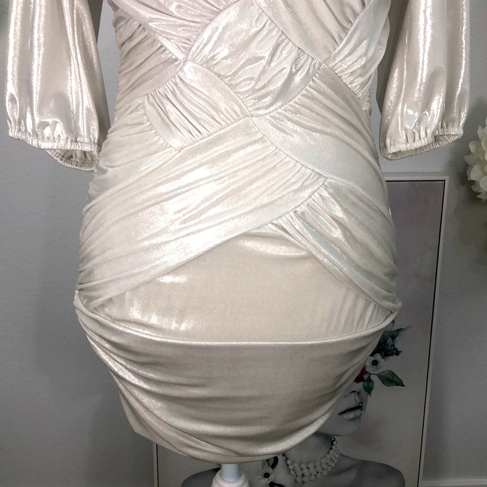 2B Bebe shimmering silver fitted mini dress. Sz S. EUC - Picture 3 of 8